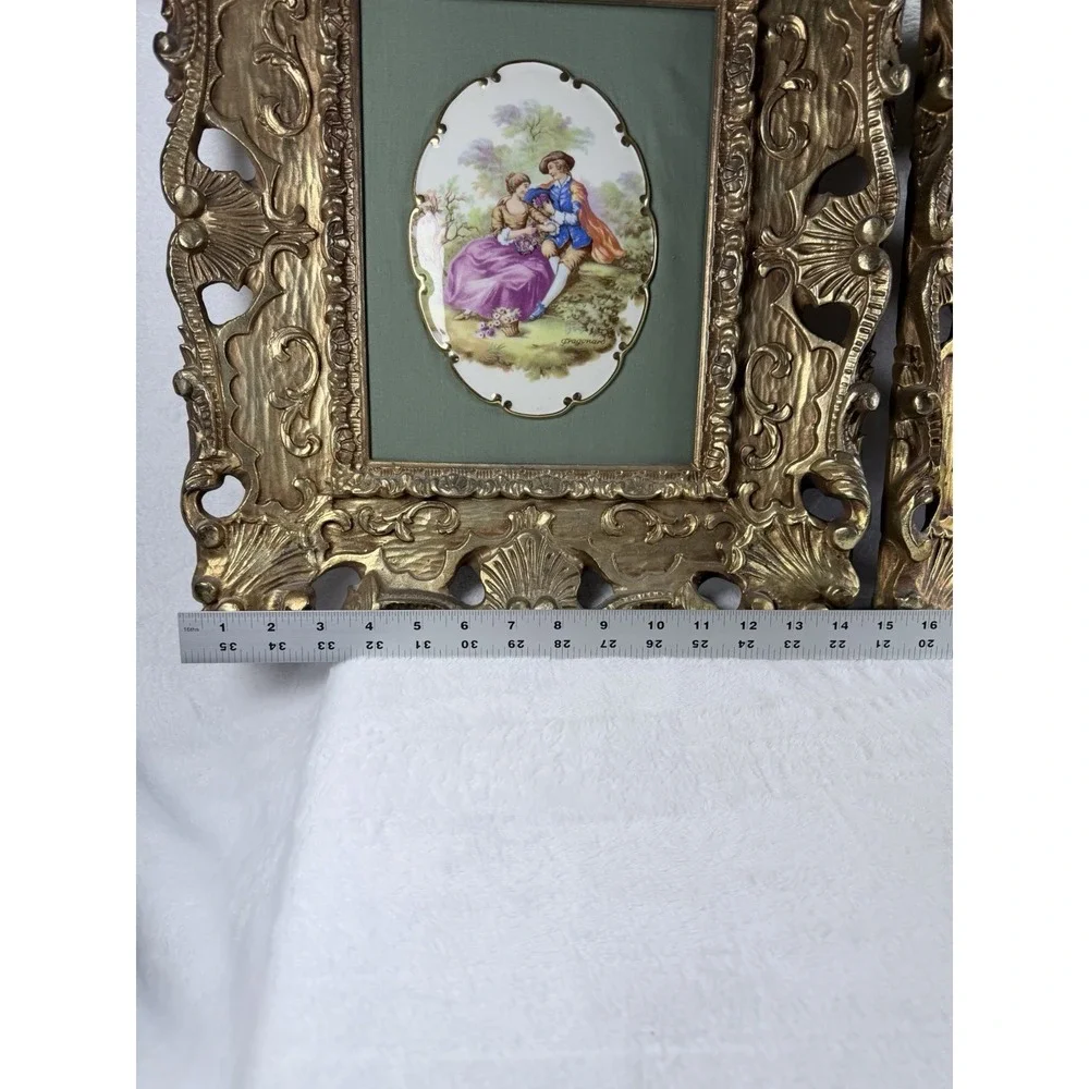 VTG Fragonard Courting Couple Porcelain Plaques Carved Wood Ornate Gold Frame Lg